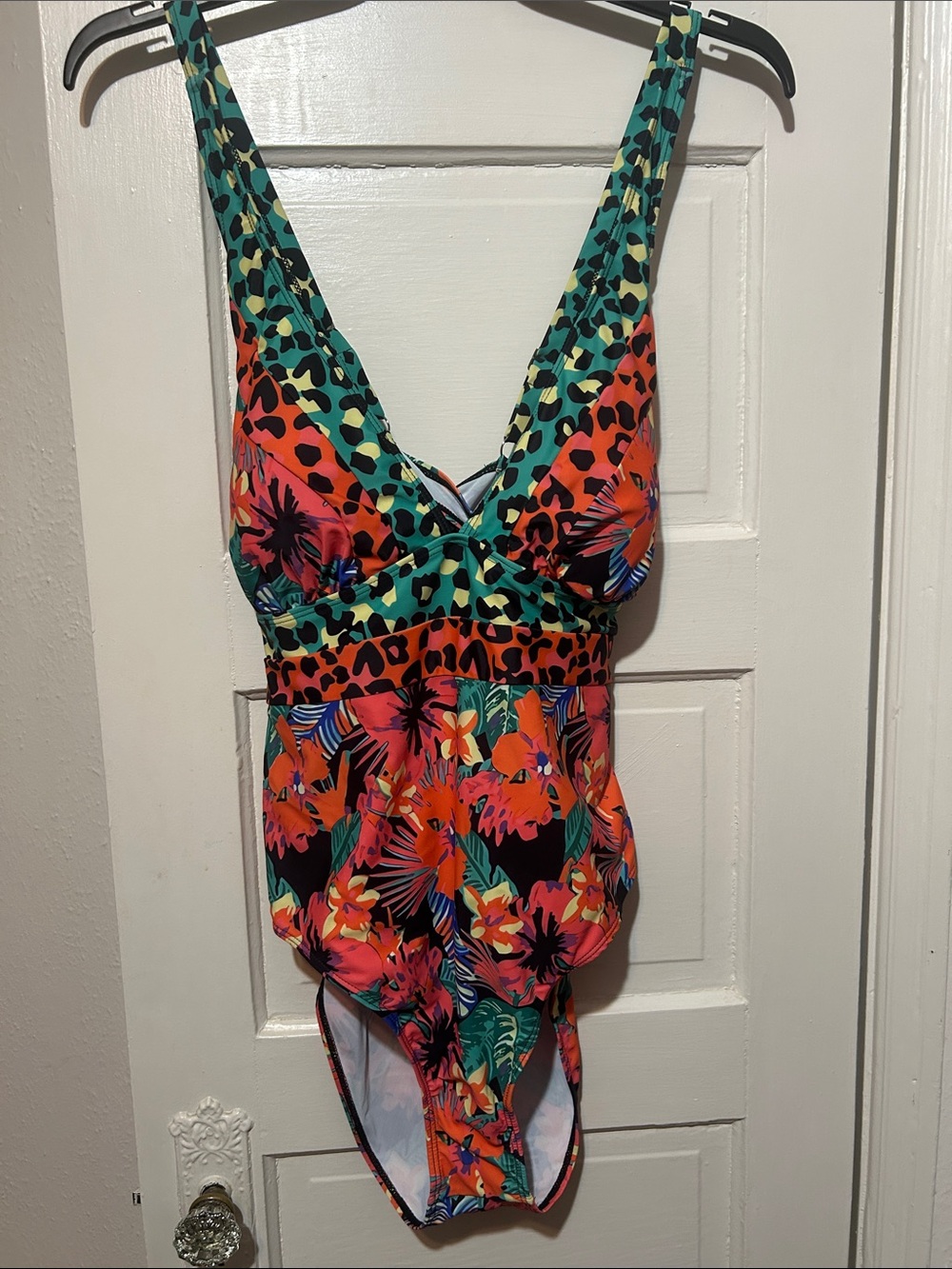 Tropical Floral & Leopard-Accent One-Piece Swimsuit - Green & Coral